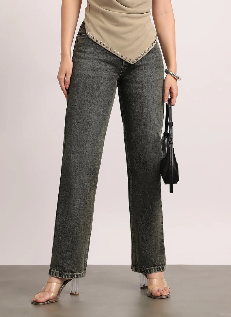 Urbano Fashion Women's Grey High Rise Straight Fit Washed Jeans Non-Stretchable